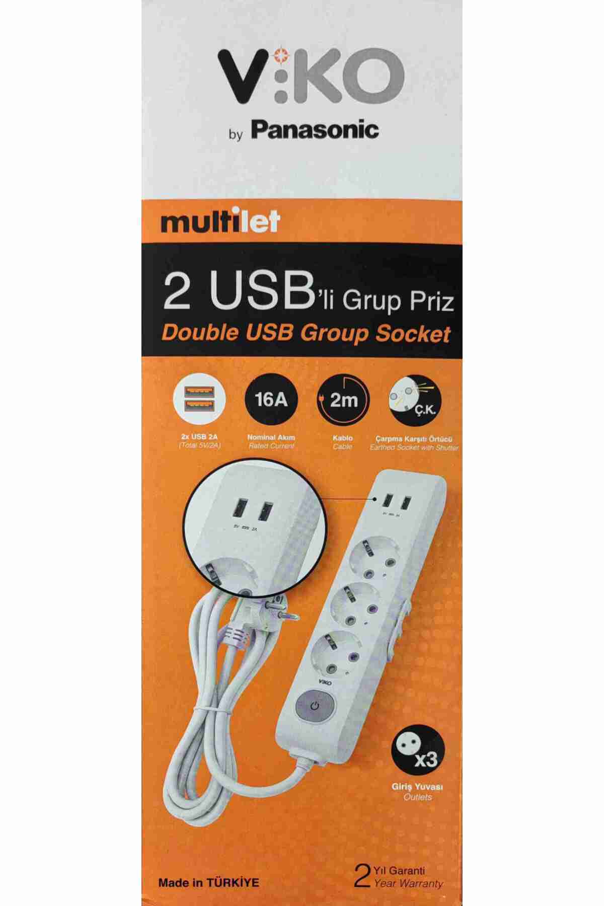 Viko Üçlü 2 USB’li Topraklı Kablolu Çocuk Korumalı Uzatma Kablosu – 2 Metre, 5V 2A